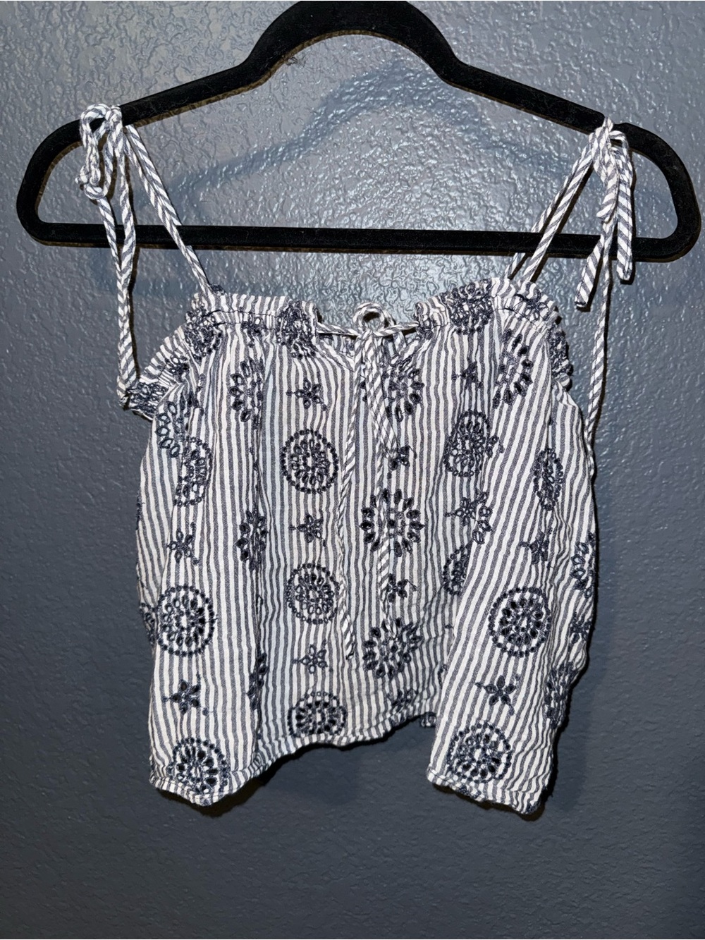 aerie Navy and White Striped Tie-Shoulder Smocked Crop Top